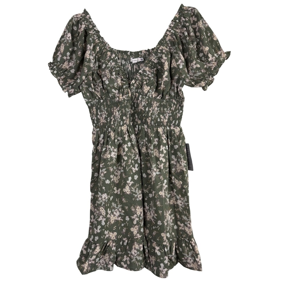Lush Olive Green Floral‎ Smocked Mini Dress Puff Sleeve NWT Size M Spring Garden